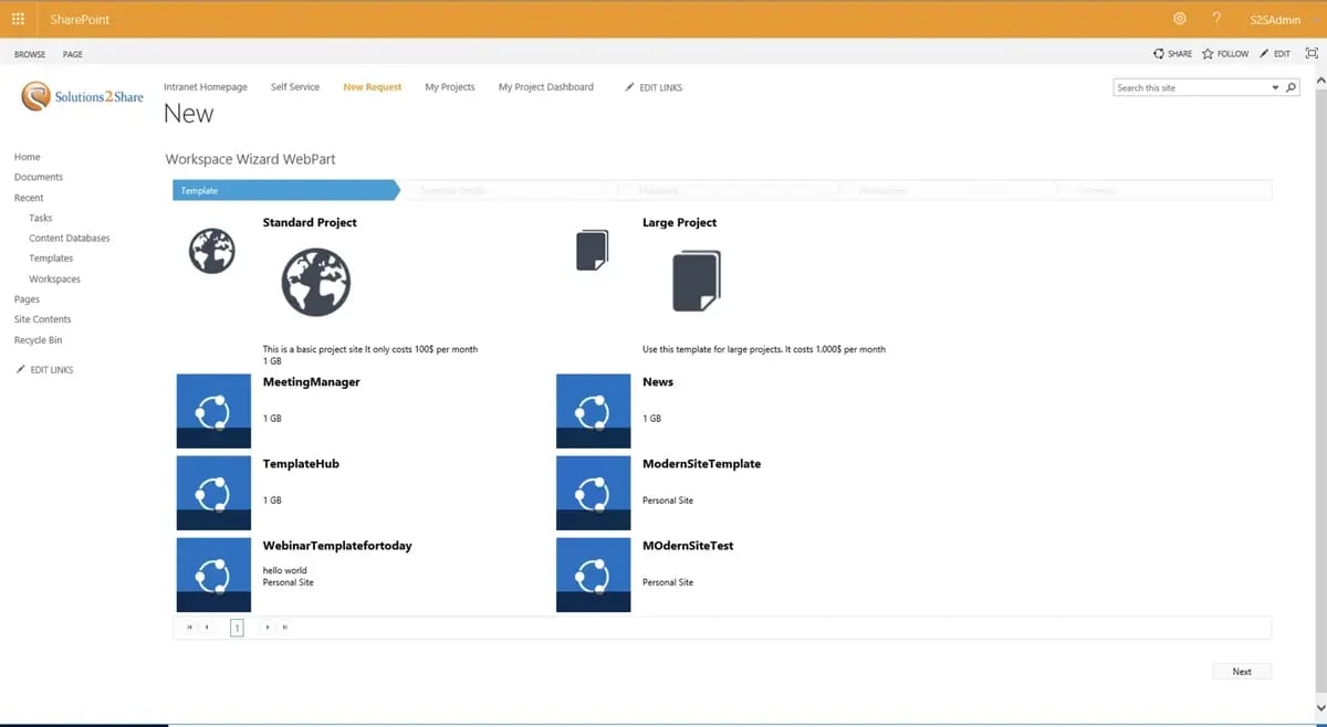Choosing a SharePoint site template in the Templater workspace wizard, with costs Choosing a SharePoint site template in the Templater workspace wizard, with costs